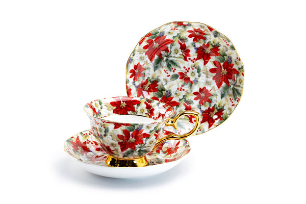 Poinsettia Chintz Gold 7oz Bone China Tea Cup and Saucer - Thumbnail 2