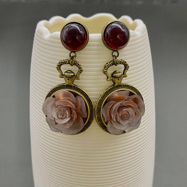 Vintage Glazed Flower Red Agate Post Earrings