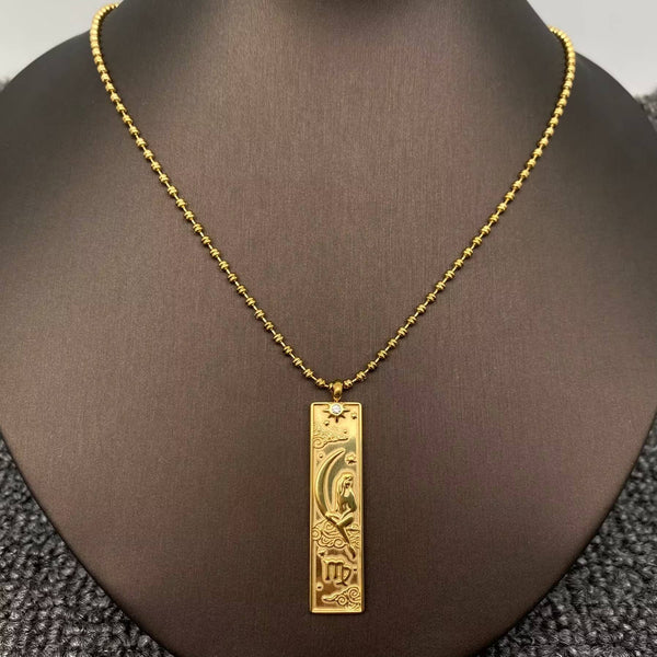 Rectangular 18K Golden SS Zodiac Signs Charm Necklace - FGS