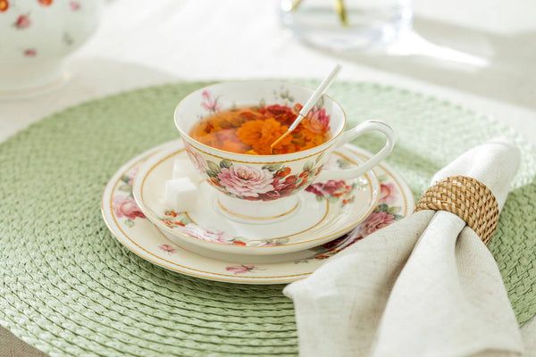 Peony and Strawberry Cream 6oz Bone China Tea Cup and Saucer