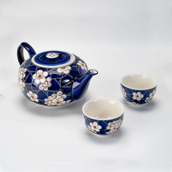 Ume Plum Blossoms Blue Tea Set 26oz Tea Pot with 2 Cups (1/8)