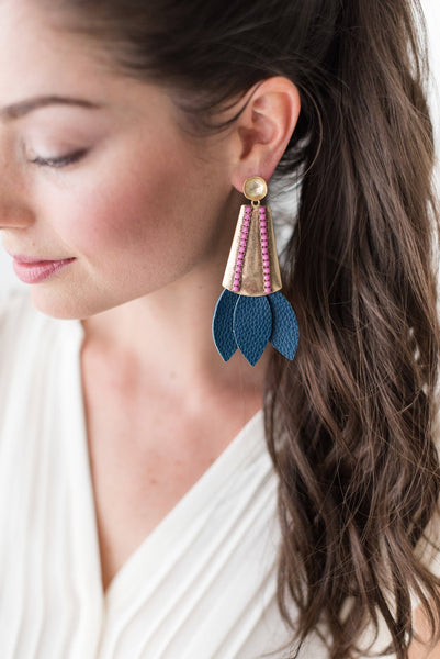 Tinsley Leather Earrings Navy