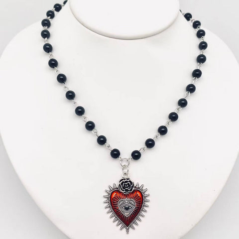 Gothic Red Devil's Eye Pendant Beaded Chain Necklace - GT