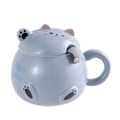 Whimsy Cat 15oz Mug With Lid and Spoon Gray