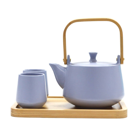Blue Matte Glazed Tea Set 22 oz Tea Pot with 2 Cups and Wooden Tray (1/12)