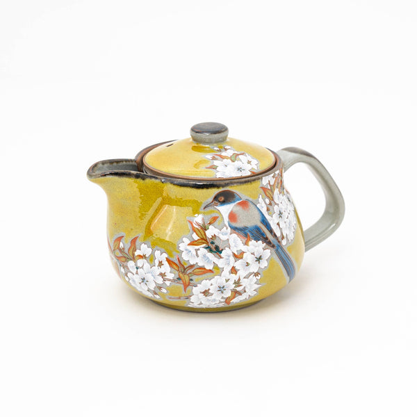 Kutani Ware Handmade Yoshidaya Cherry Bird Teapot - Yellow