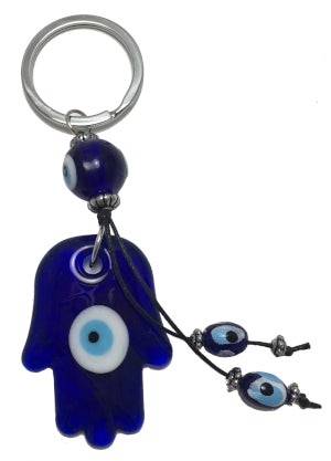 Evil Eye Talisman -  Blue Glass Hamsa Hand Keychain, 4.5" L