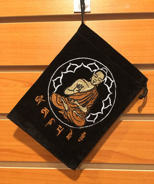 Bag - Black Velvet Drawstring Pouch Embroidered With Buddha, 5" x 7"