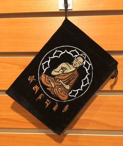 Bag - Black Velvet Drawstring Pouch Embroidered With Buddha, 5" x 7"