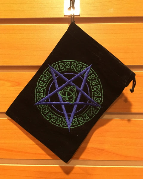 Bag - Black Velvet Drawstring Pouch Embroidered With Celtic Pentacle, 5" x 7"
