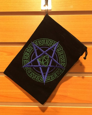 Bag - Black Velvet Drawstring Pouch Embroidered With Celtic Pentacle, 5" x 7"