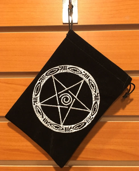 Bag - Black Velvet Drawstring Pouch Embroidered With Pentacle, 5" x 7"