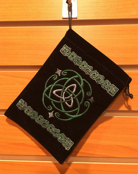 Bag - Black Velvet Drawstring Pouch Embroidered With Triquetra, 5" x 7"