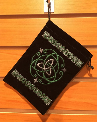 Bag - Black Velvet Drawstring Pouch Embroidered With Triquetra, 5" x 7"