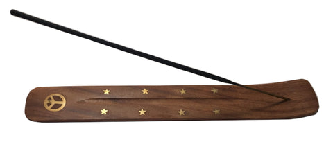 Incense Holder - Wood with Brass Inlay Peace Sign, 10" L x 1.5" W