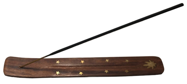 Incense Holder - Wood with Brass Inlay Marijuana Leaf, 10" L x 1.5" W
