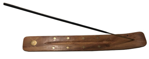 Incense Holder - Wood With Brass Inlay  Simple Sun, 10" L x 1.5" W