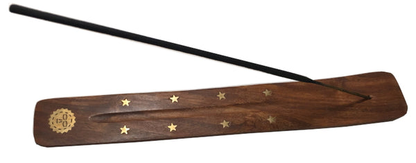 Incense Holder - Wood With Brass Inlay Sun Face, 10" L x 1.5" W