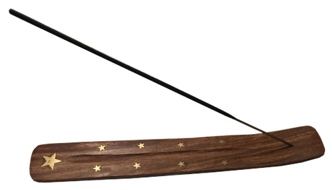 Incense Holder - Wood With Brass Inlay Star, 10" L x 1.5" W