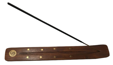 Incense Holder - Wood With Brass Inlay Om, 10" L x 1.5" W