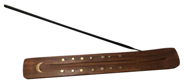 Incense Holder - Wood With Brass Inlay Quarter Moon, 10" L x 1.5" W