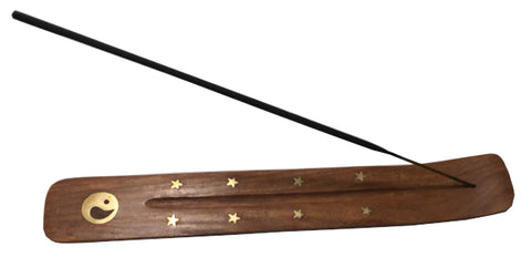 Incense Holder - Wood with Brass Inlay Yin Yang, 10" L x 1.5" W