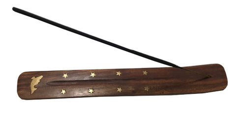 Incense Holder - Wood With Brass Inlay Whale, 10" L x 1.5" W