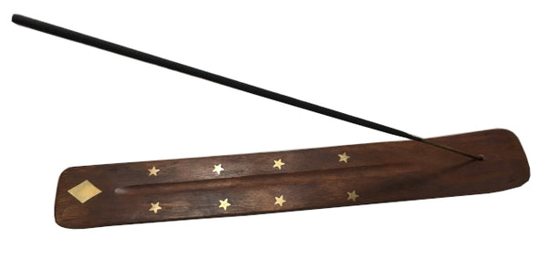 Incense Holder - Wood With Brass Inlay Diamond, 10" L x 1.5" W