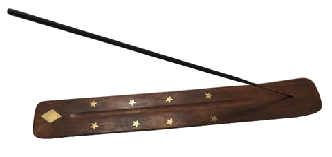 Incense Holder - Wood With Brass Inlay Diamond, 10" L x 1.5" W