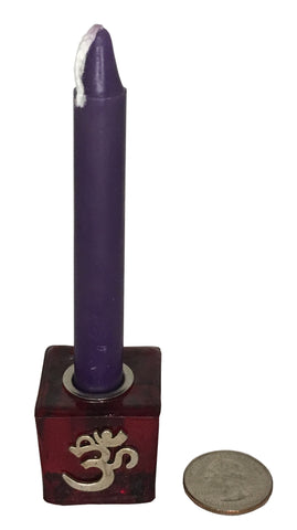 Chime Candle Holder - Red Glass with Om Symbol, 1.25" cube.